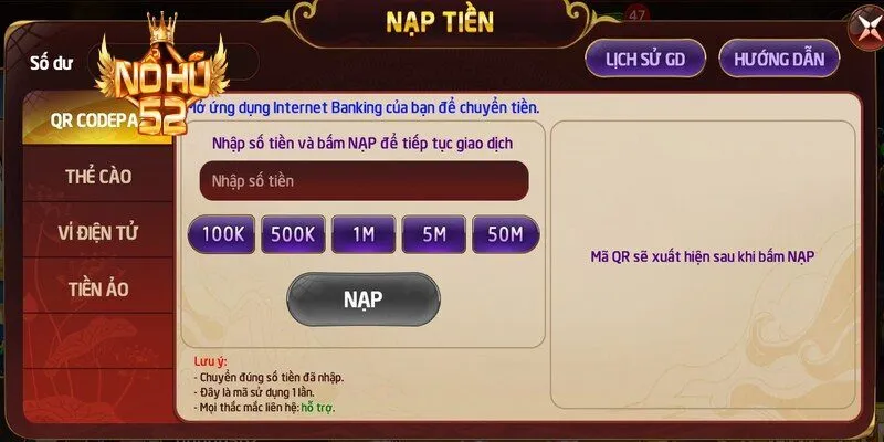 Hướng dẫn nhanh các bước nạp tiền Nohu52 chi tiết